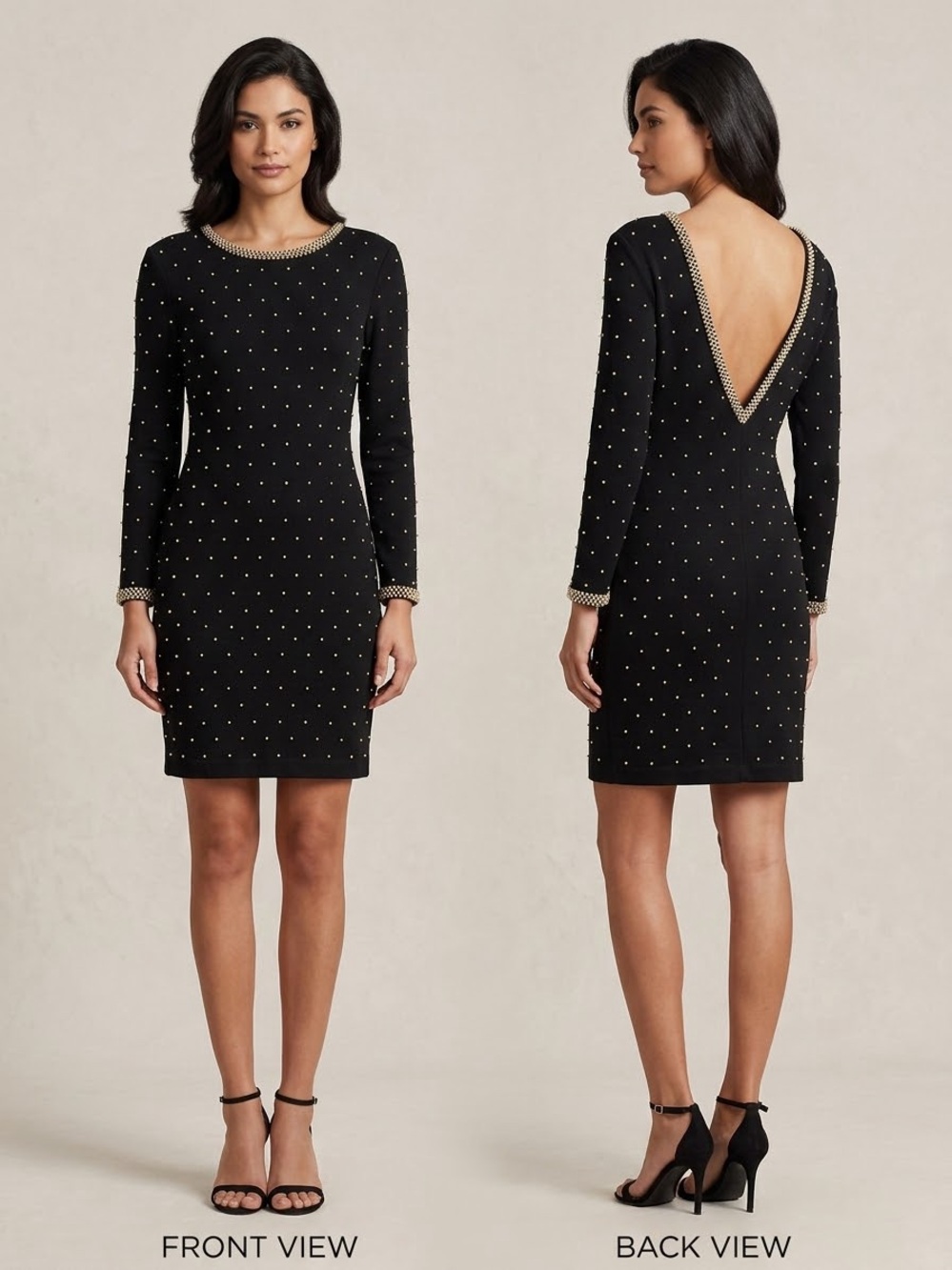 ET AL Black Long-Sleeve Studded V-Back Cocktail Dress